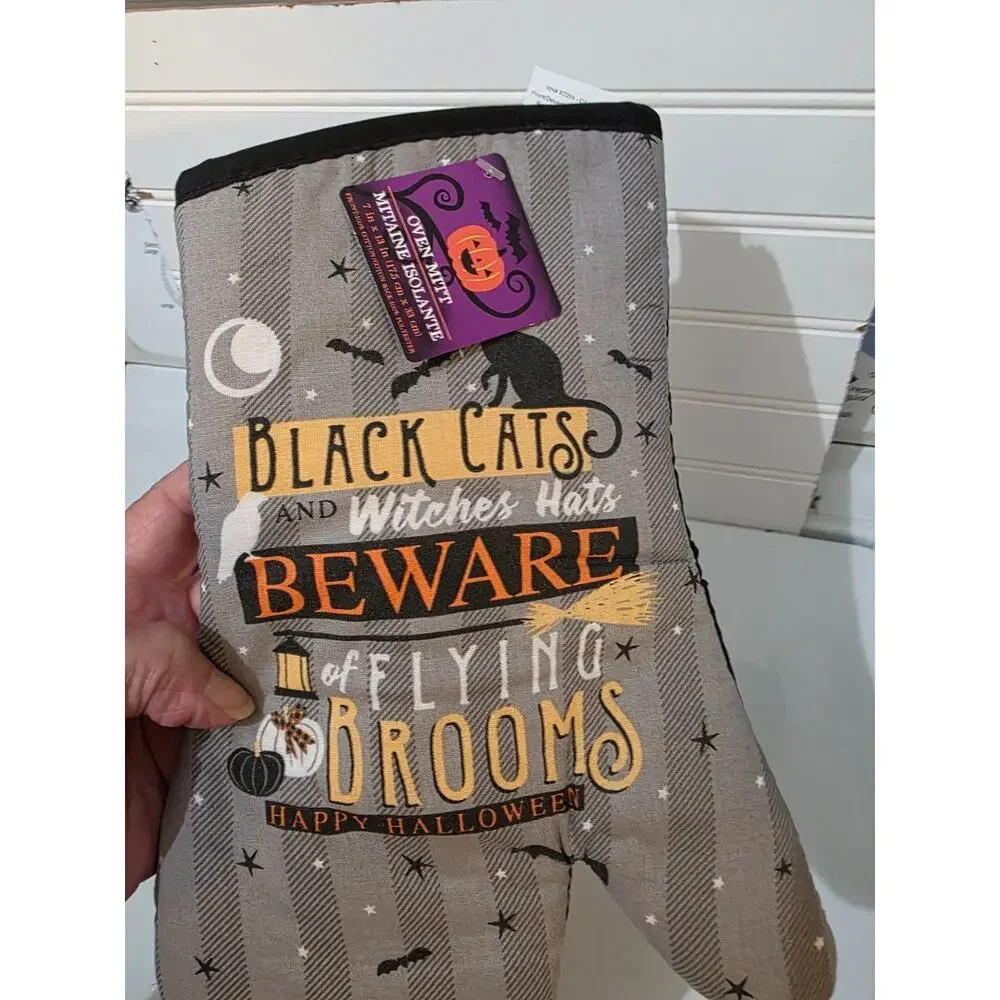 New Halloween - Black Cats & Witch Hats - Kitchen Oven Mitt & 2 Pot Holder